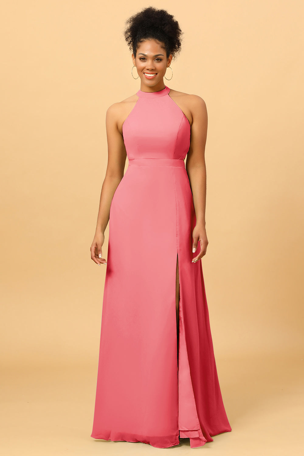 Wedtrend Women Long Chiffon Bridesmaid Dress with Slit Halter Open Back Formal Wedding Party Dress, Watermelon Wedtrend Women Long Chiffon Bridesmaid Dress with Slit Halter Open Back Formal Wedding Party Dress, Watermelon