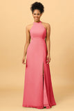 Sheath Halter Floor Length Open Back Chiffon Bridesmaid Dress with Slit