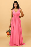 A Line V Neck Pleated Floor Length Long Chiffon Bridesmaid Dress