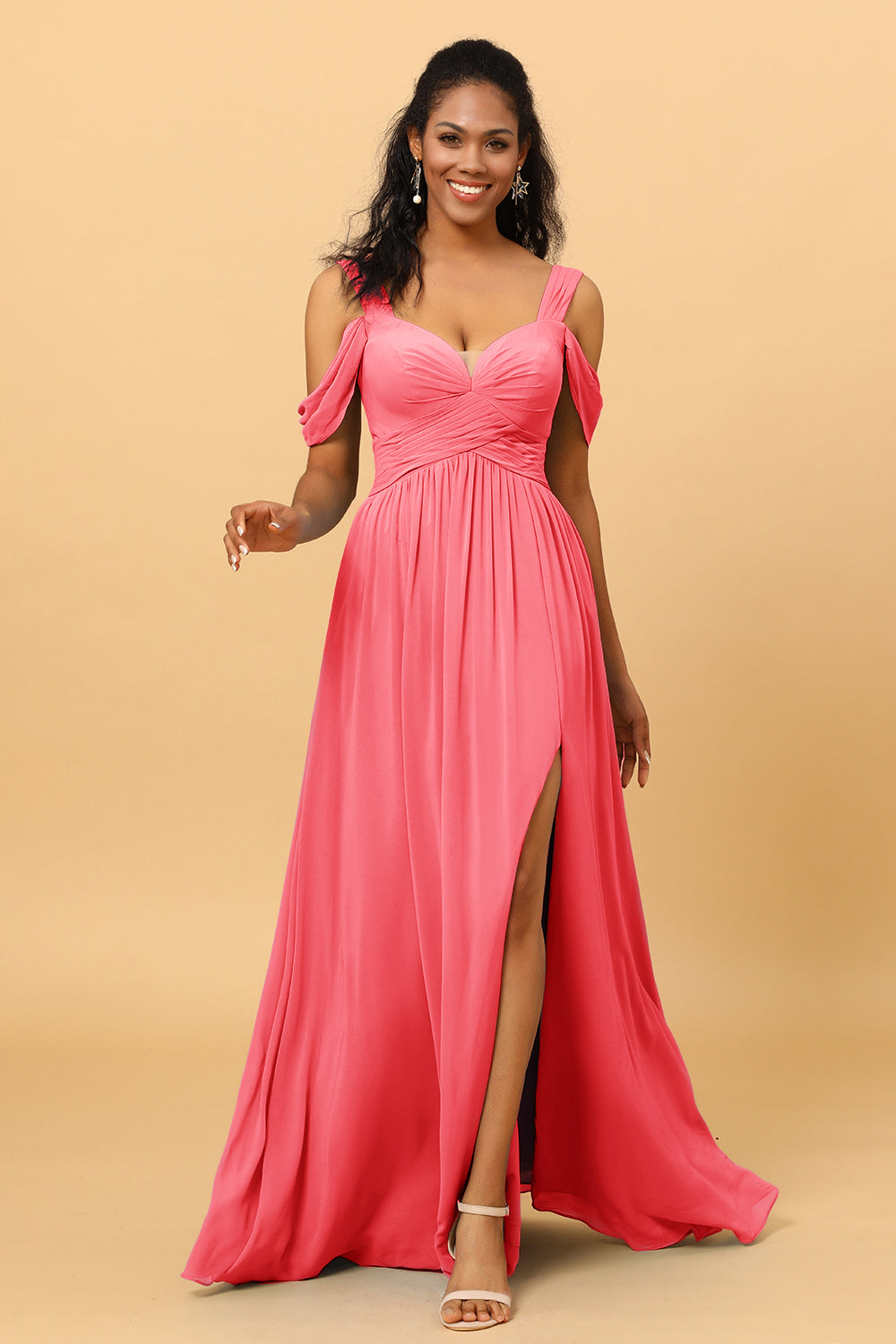 Wedtrend Women Bridesmaid Dress A Line V Neck Cold Shoulder Chiffon Formal Wedding Party Dress with Slit, Watermelon Wedtrend Women Bridesmaid Dress A Line V Neck Cold Shoulder Chiffon Formal Wedding Party Dress with Slit, Watermelon