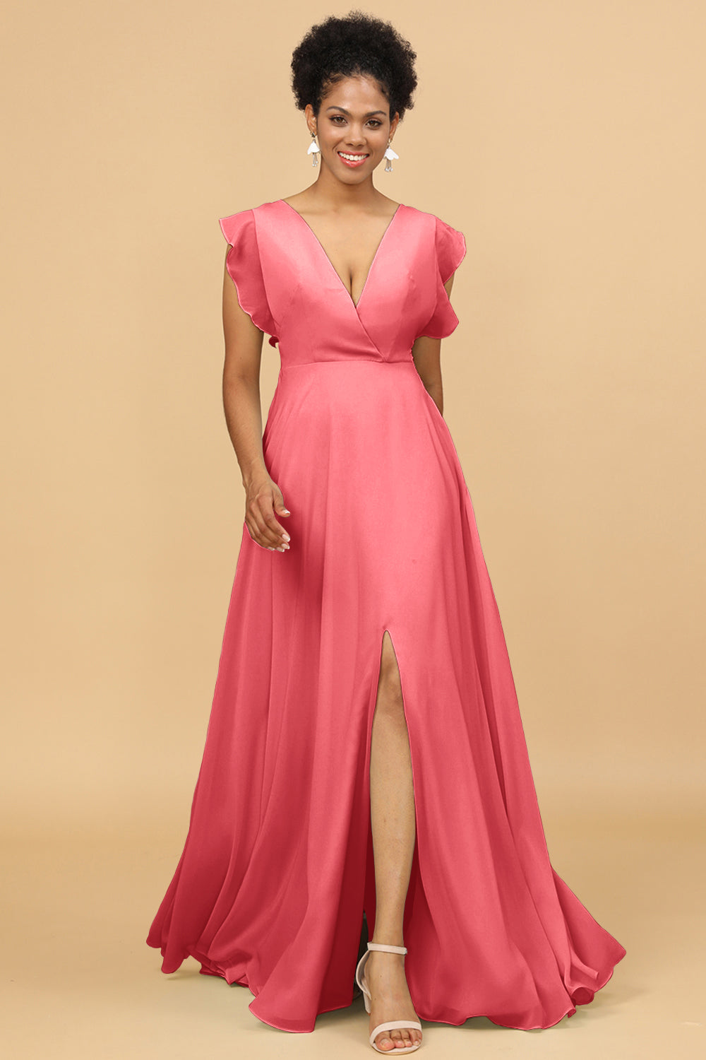 a-line v-neck floor-length chiffon bridesmaid dress with ruffle Opulent A-line V-Neck Short Sleeves Ruffles Floor-Length Chiffon Bridesmaid Dress