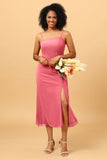 Sheath Spaghetti Straps Midi Chiffon Bridesmaid Dress with Slit