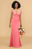 Mermaid V-neck Open Back Long Chiffon Bridesmaid Dress With Ruffles