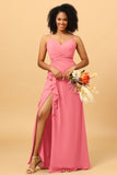 A Line Spaghetti Straps V Neck Chiffon Ruffled Long Bridesmaid Dress with Slit