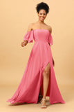 A Line Off the Shoulder Long Chiffon Bridesmaid Dress with Slit
