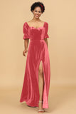 A Line Sweetheart Flare Sleeves Velvet Bridesmaid Dress with Slit