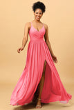 A-Line Spaghetti Straps Ruched Long Chiffon Bridesmaid Dress with Slit