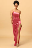 Mermaid One Shoulder Long Velvet Bridesmaid Dress with Slit