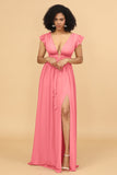 A Line Deep V-Neck Long Chiffon Bridesmaid Dress with Slit