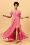 A-Line V Neck Ruched Long Chiffon Bridesmaid Dress with Slit