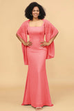 Mermaid Square Neck Long Chiffon Bridesmaid Dress with Cape