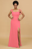 Sheath Spaghetti Straps Long Chiffon Bridesmaid Dress with Slit