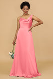 A Line Asymmetrical Neck Satin Floor Length Bridesmaid Dress