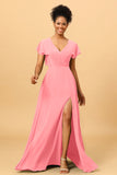 A Line V-Neck Ruched Chiffon Bridesmaid Dress with Slit