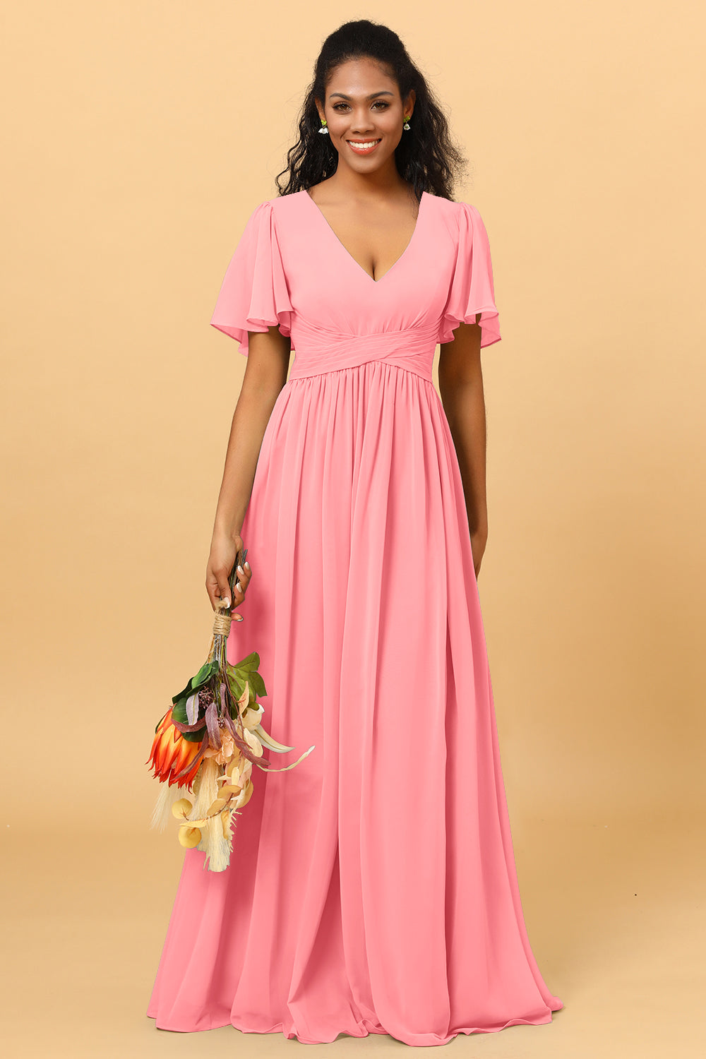 bridesmaid dresses with sleeves short Wedtrend Women A Line V Neck Short Sleeves Floor Length Chiffon Bridesmaid Dress Formal Dress – WEDTREND