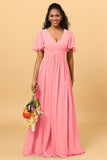 A Line V Neck Short Sleeves Chiffon Long Bridesmaid Dress