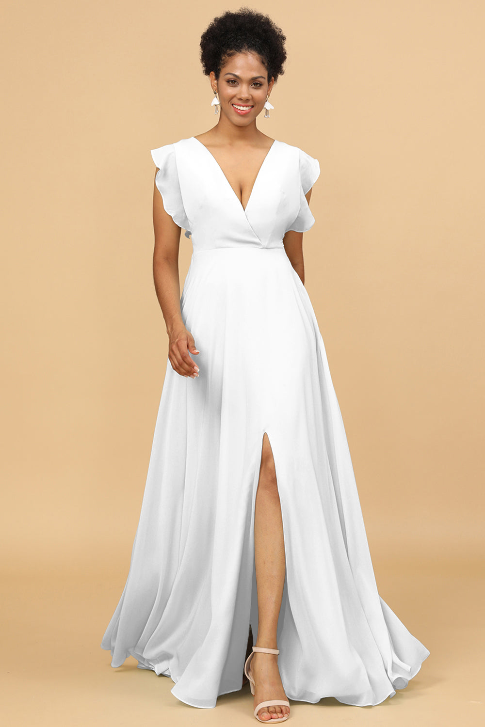 Wedtrend Women V-Neck Long Chiffon Bridesmaid Dress with Slit Wedding Party Dress, White Wedtrend Women V-Neck Long Chiffon Bridesmaid Dress with Slit Wedding Party Dress, White