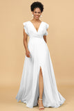 A Line V-Neck Floor Length Chiffon Bridesmaid Dress with Slit