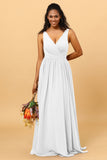 A Line V Neck Pleated Floor Length Long Chiffon Bridesmaid Dress