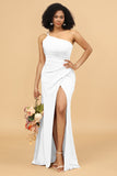 Mermaid One Shoulder Satin Long Bridesmaid Dress with Slit