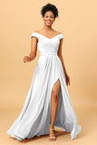 A Line Off the Shoulder Ruched Long Chiffon Bridesmaid Dress with Slit