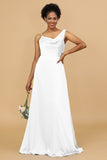 A Line Asymmetrical Neck Satin Floor Length Bridesmaid Dress