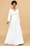 Long Sleeves V-Neck Chiffon Bridesmaid Dress with Bowknot