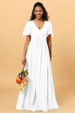 A Line V Neck Short Sleeves Chiffon Long Bridesmaid Dress