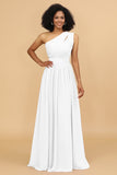 A Line One Shoulder Long Chiffon Bridesmaids Dress with Ruffles