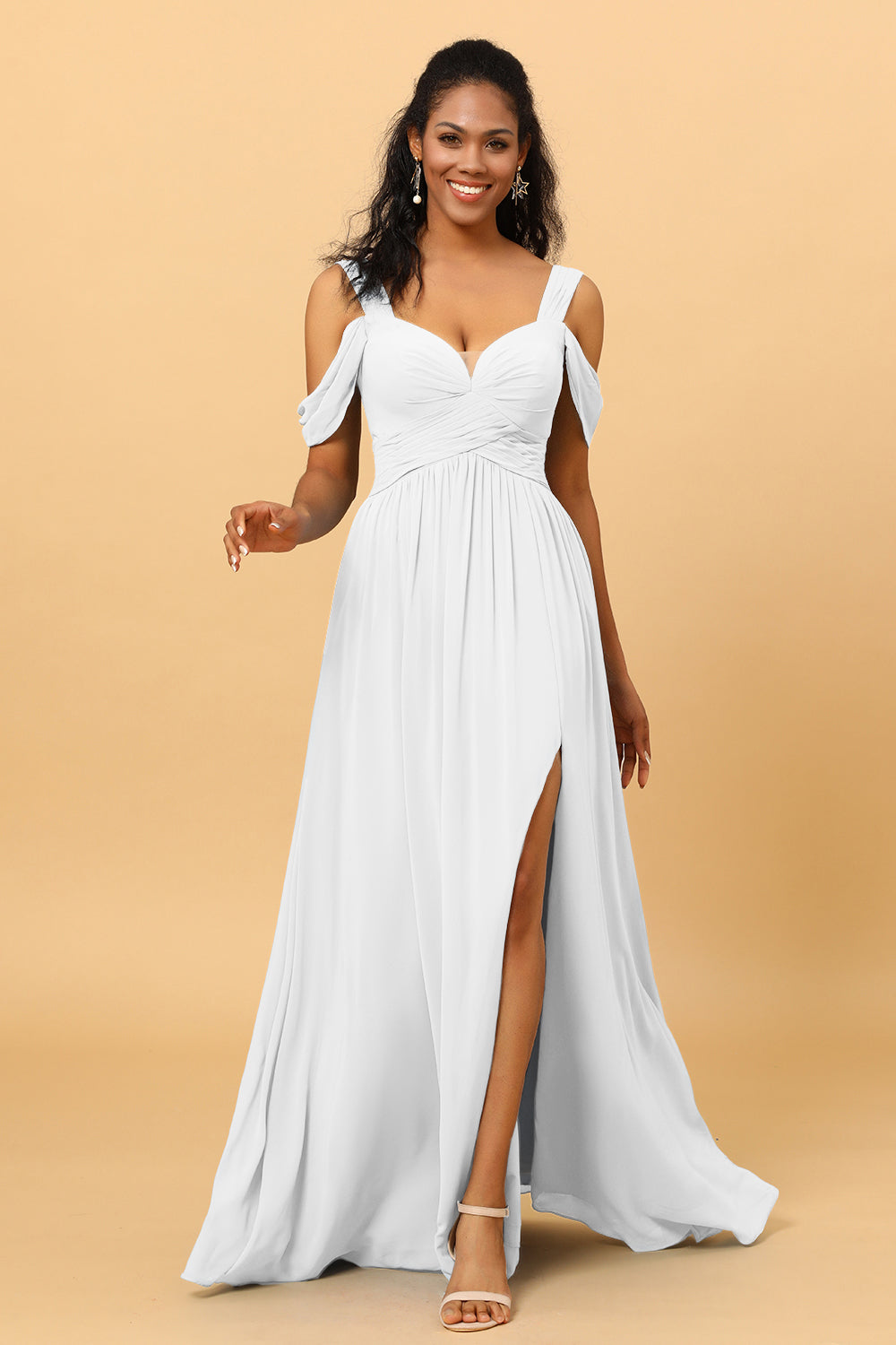 Wedtrend Women Bridesmaid Dress A Line V Neck Cold Shoulder Chiffon Formal Wedding Party Dress with Slit, White Wedtrend Women Bridesmaid Dress A Line V Neck Cold Shoulder Chiffon Formal Wedding Party Dress with Slit, White