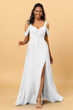 A Line V Neck Cold Shoulder Chiffon Bridesmaid Dress with Slit