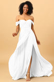 A Line Off the Shoulder Ruched Chiffon Bridesmaid Dress with Slit