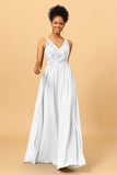 A Line V-Neck Long Chiffon Bridesmaid Dress with Lace