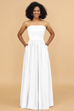 A Line Strapless Satin Floor Length Bridesmaid Dress with Pockets