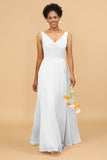 A Line V Neck Backless Chiffon Long Bridesmaid Dress