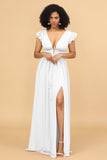 A Line Deep V-Neck Long Chiffon Bridesmaid Dress with Slit