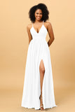 A Line V Neck Spaghetti Straps Chiffon Bridesmaid Dress with Slit