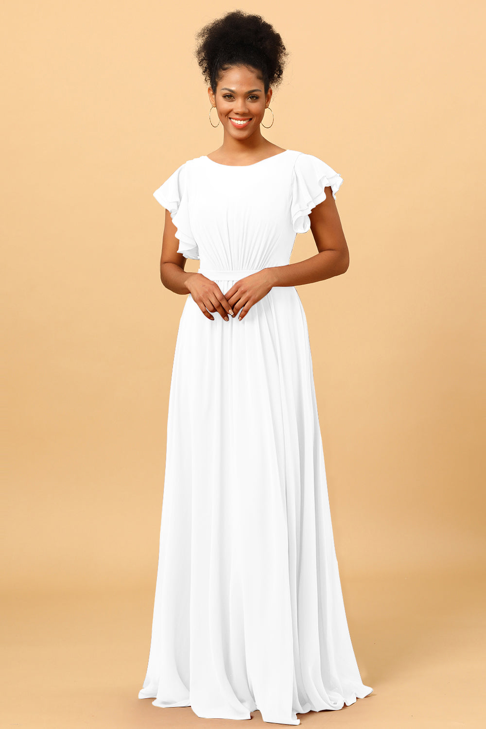 Wedtrend Women BridesmaidsA Line Bateau Neck Ruched Long Chiffon Bridesmaid Dress with Ruffles, White