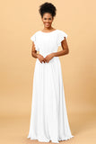 A Line Bateau Neck Ruched Long Chiffon Bridesmaid Dress with Ruffles