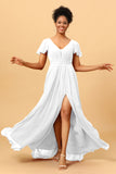 A-Line V Neck Ruched Long Chiffon Bridesmaid Dress with Slit