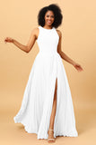 A Line High Neck Pleated Long Chiffon Bridesmaid Dress with Ruffles