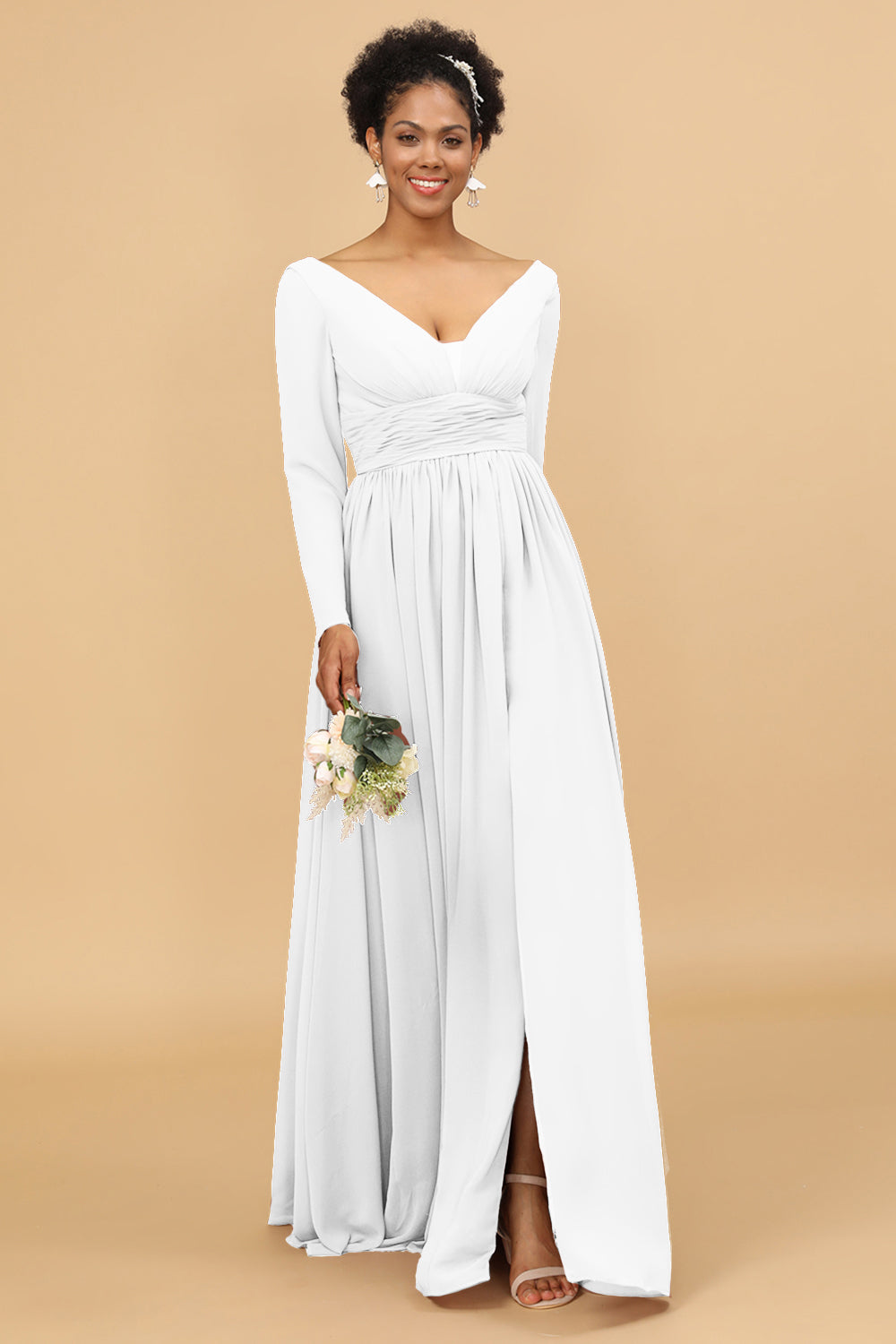 Wedtrend Women Bridesmaid Dress A Line V-Neck Long Sleeves Chiffon Wedding Party Formal Dress with Slit, White