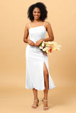 Sheath Spaghetti Straps Midi Chiffon Bridesmaid Dress with Slit