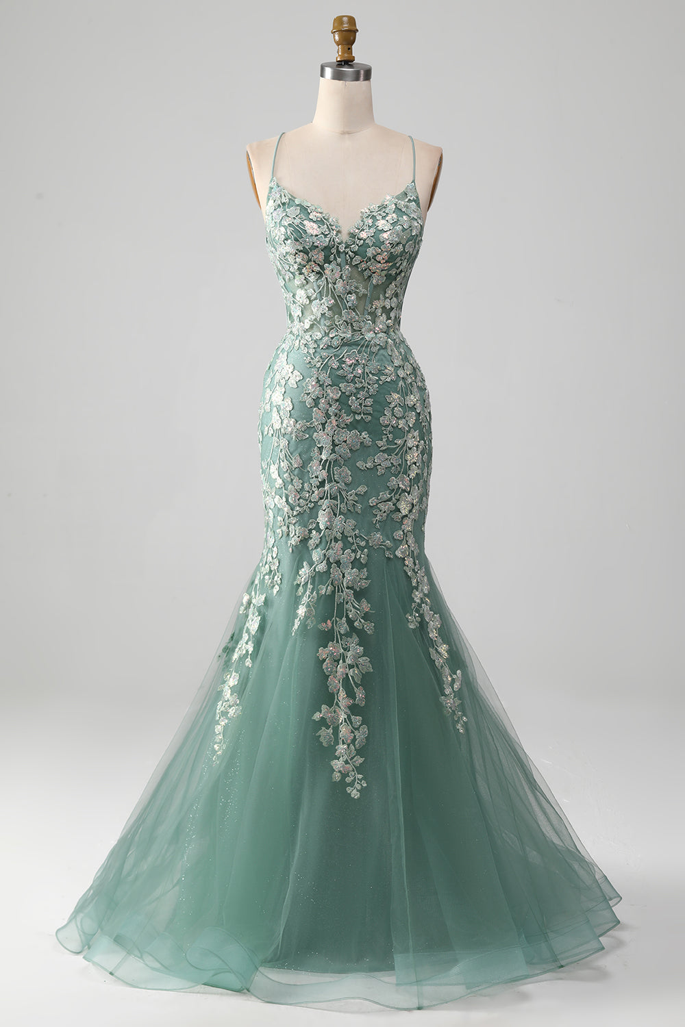 Light Green Mermaid Lace-Up Back Tulle Prom Dress with Appliques