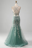 Light Green Mermaid Lace-Up Back Tulle Prom Dress with Appliques