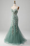 Light Green Mermaid Lace-Up Back Tulle Prom Dress with Appliques