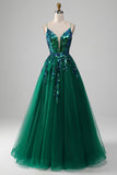 Dark Green Ball-Gown Spaghetti Straps Tulle Prom Dress with Sequins