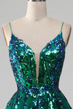 Dark Green Ball-Gown Spaghetti Straps Tulle Prom Dress with Sequins