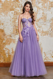 Purple A-Line Spaghetti Straps Corset Prom Dress with 3D Flowers