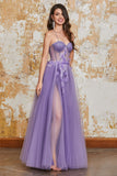 Purple A-Line Spaghetti Straps Corset Prom Dress with 3D Flowers